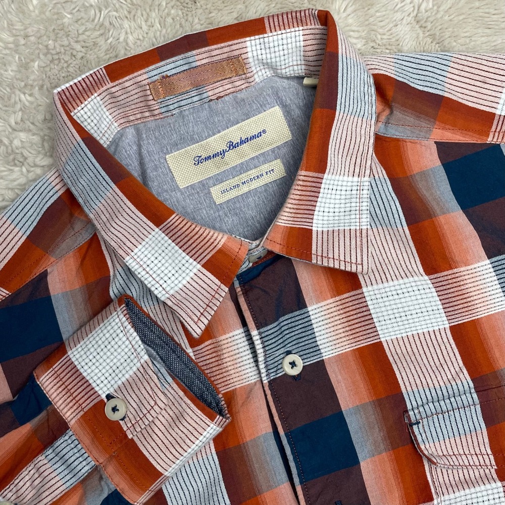 Tommy Bahama Mens Island Modern Fit Plaid Cotton Silk Button Down Shirt Orange L